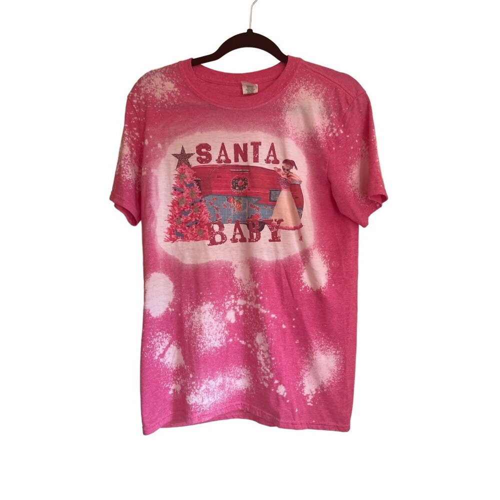 Santa Baby Pink Bleached Christmas Graphic T-Shirt Gildan Softstyle M